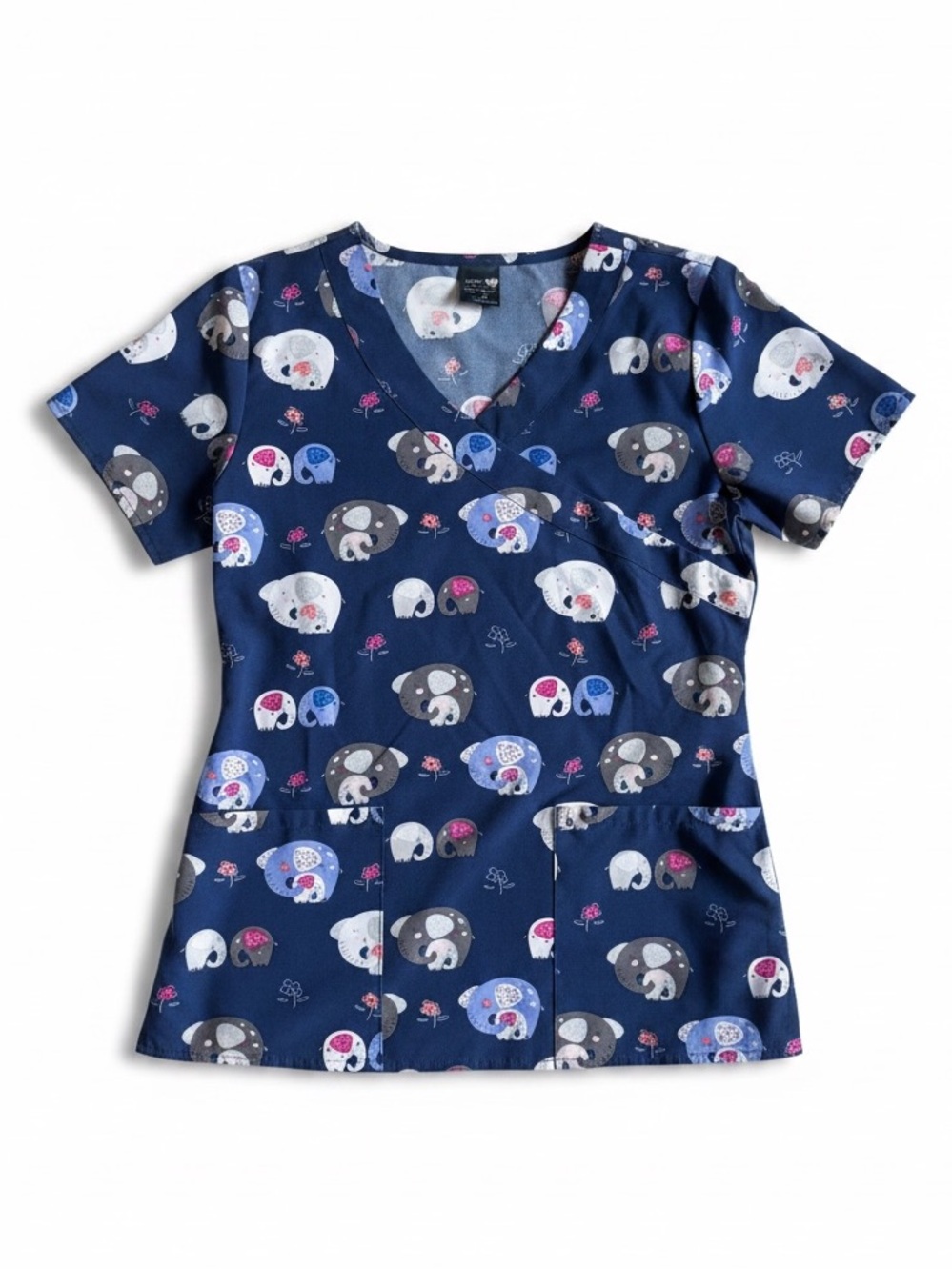 Zoe + Chloe Elephant Print Scrub Top Navy Pediatric Nurse Stretch XS